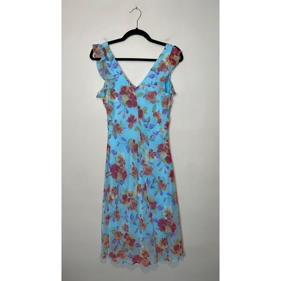 Vintage La Belle Floral V-Neck Ruffle Flutter Sleeve Midi Slip Dress Size 7 - Picture 3 of 4